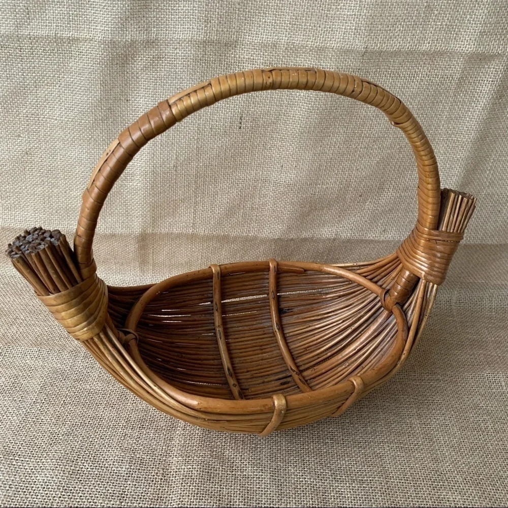 Vintage Handmade Bamboo Rattan Gathering Egg Basket Boho Farmhouse